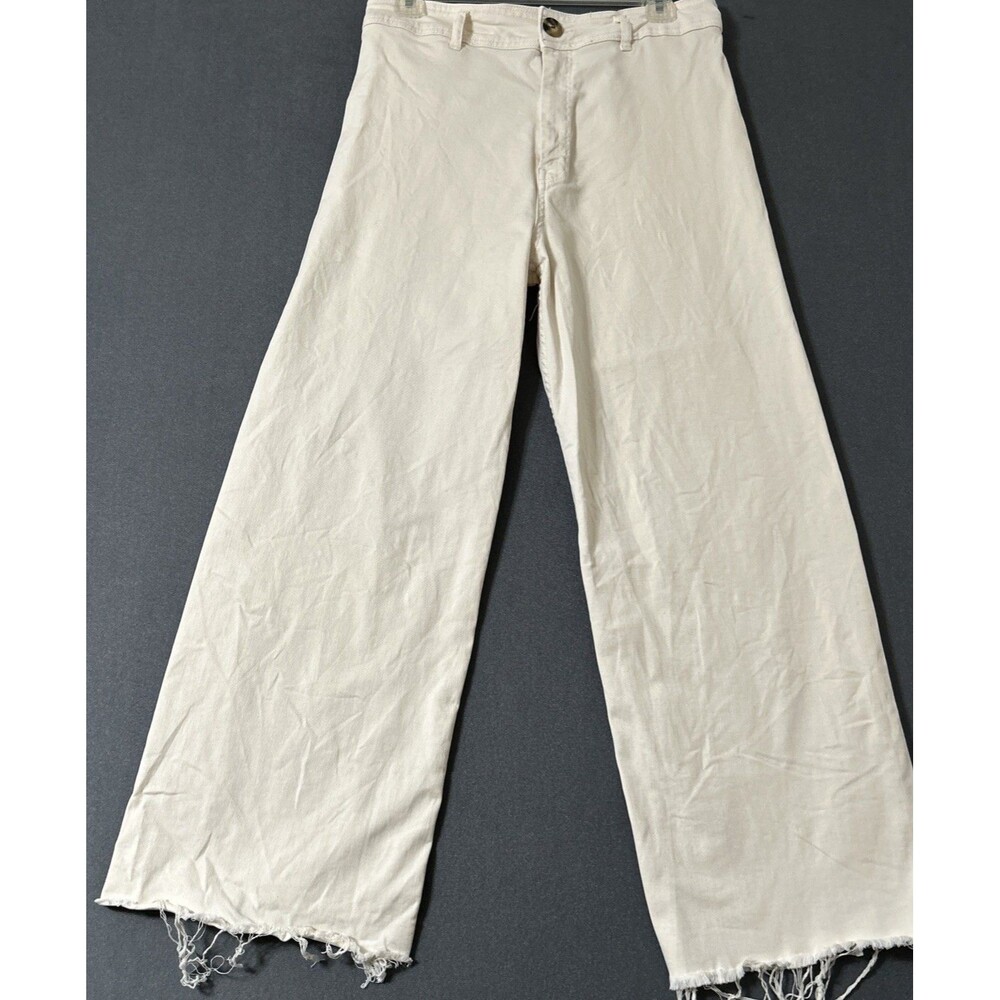 Stradivarius High Rise Wide Leg Jeans Cream White Raw Fray Hem Women's Size US 8